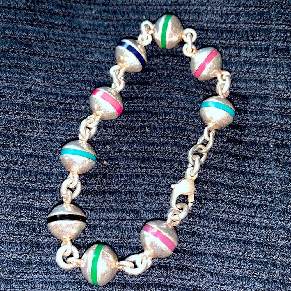 Vintage Mexico Colorful Sterling Silver Enamel Bead Link Bracelet